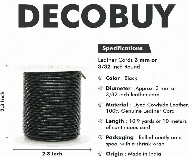 Decobuy Leather Cord for Jewelry Making, Round Cording 3 mm Rope, 11 Yards Used for Crafts, Necklace String, Braiding - Black - Image 2
